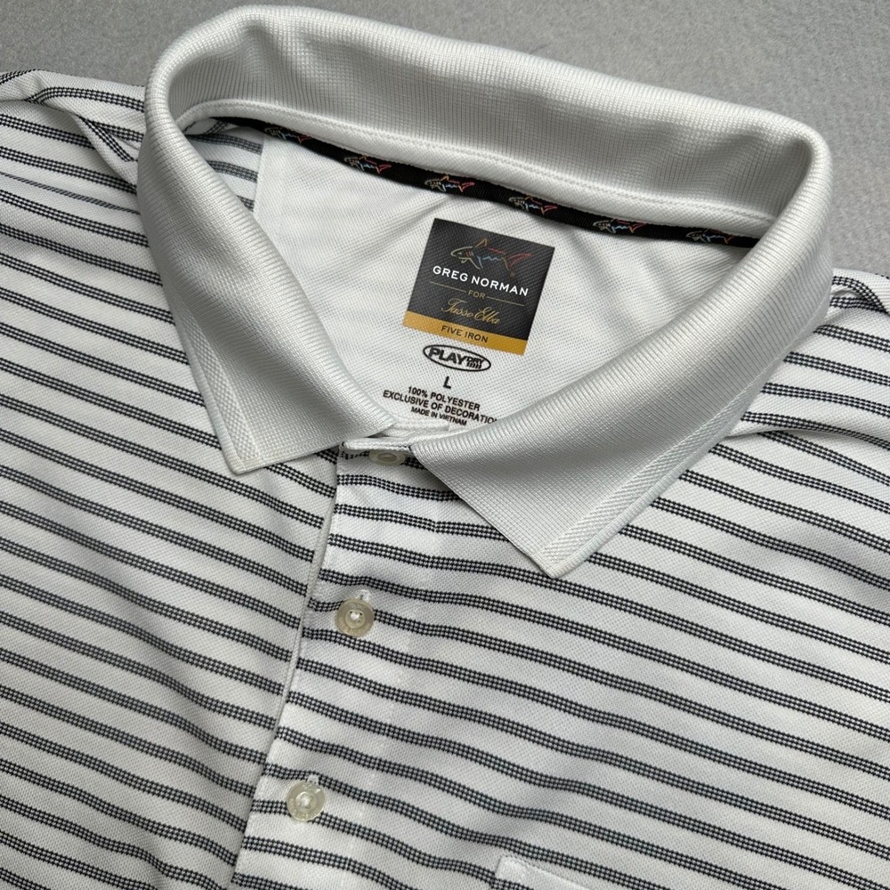 Greg Norman Polo Shirt Mens Large White Striped Five Iron PlayDry Golf Pocket